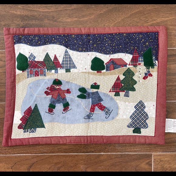 VTG Trim A Home Christmas Winter Ice skating Cloth Placemats Tree Snowman (2) - Picture 1 of 4
